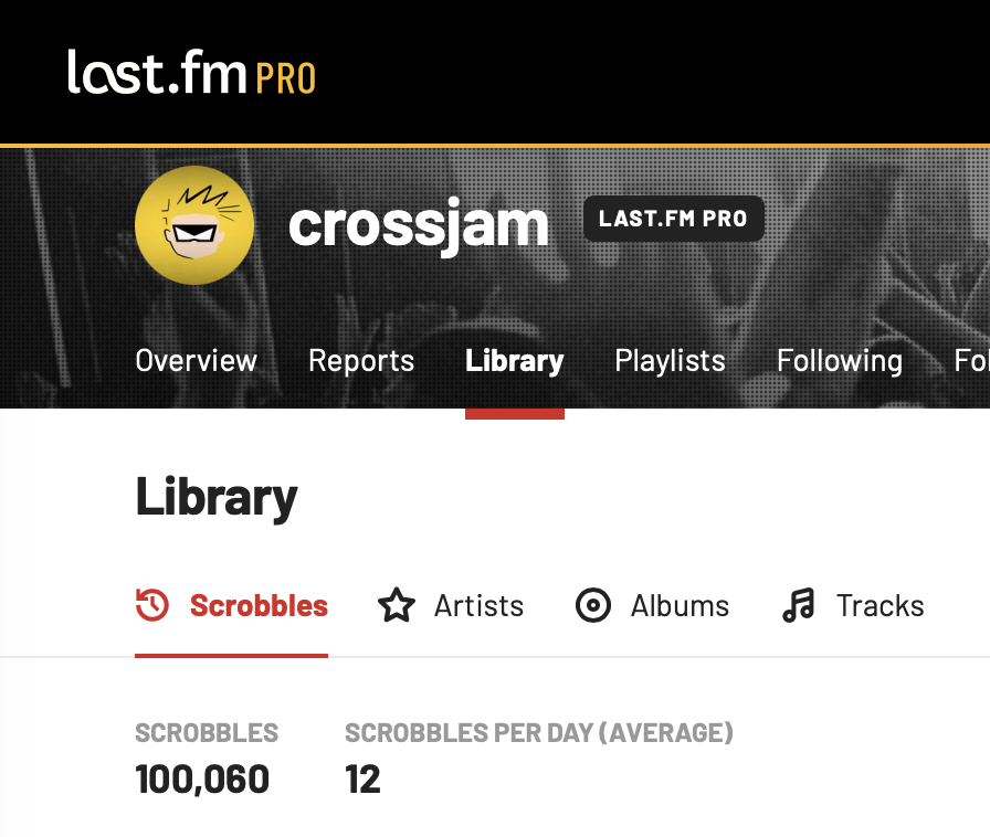 A screen capture from Last.FM illustrating that I have over 100,000
scrobbles logged in my pro account